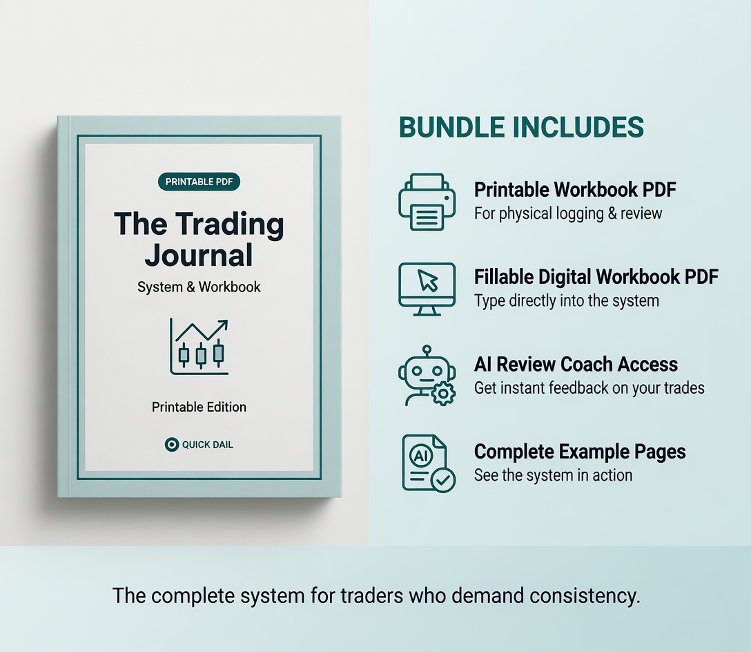 Bundle summary image showing the printable workbook, fillable PDF, AI coach access, and example pages