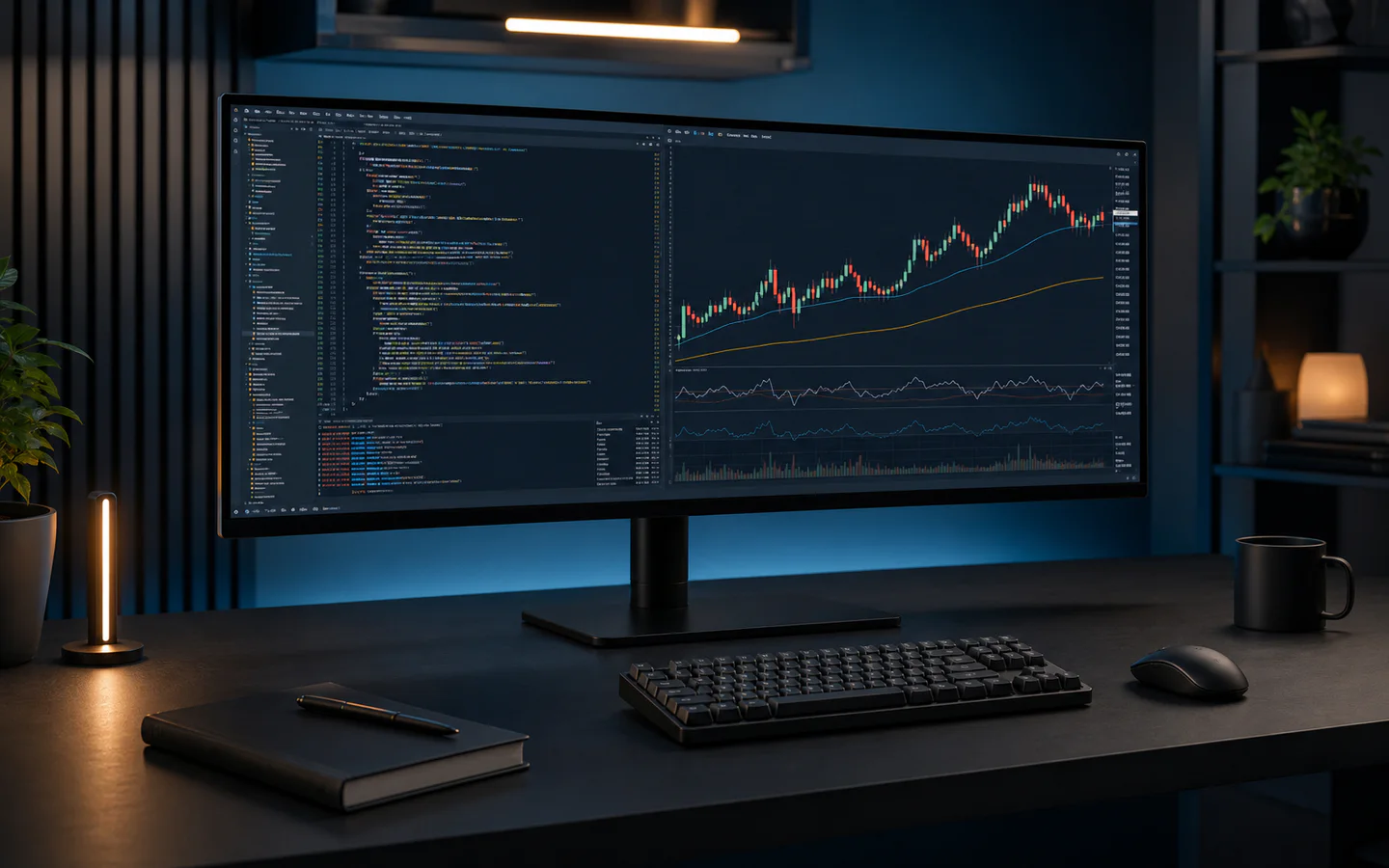 Custom indicator development workstation with code and a futures chart.